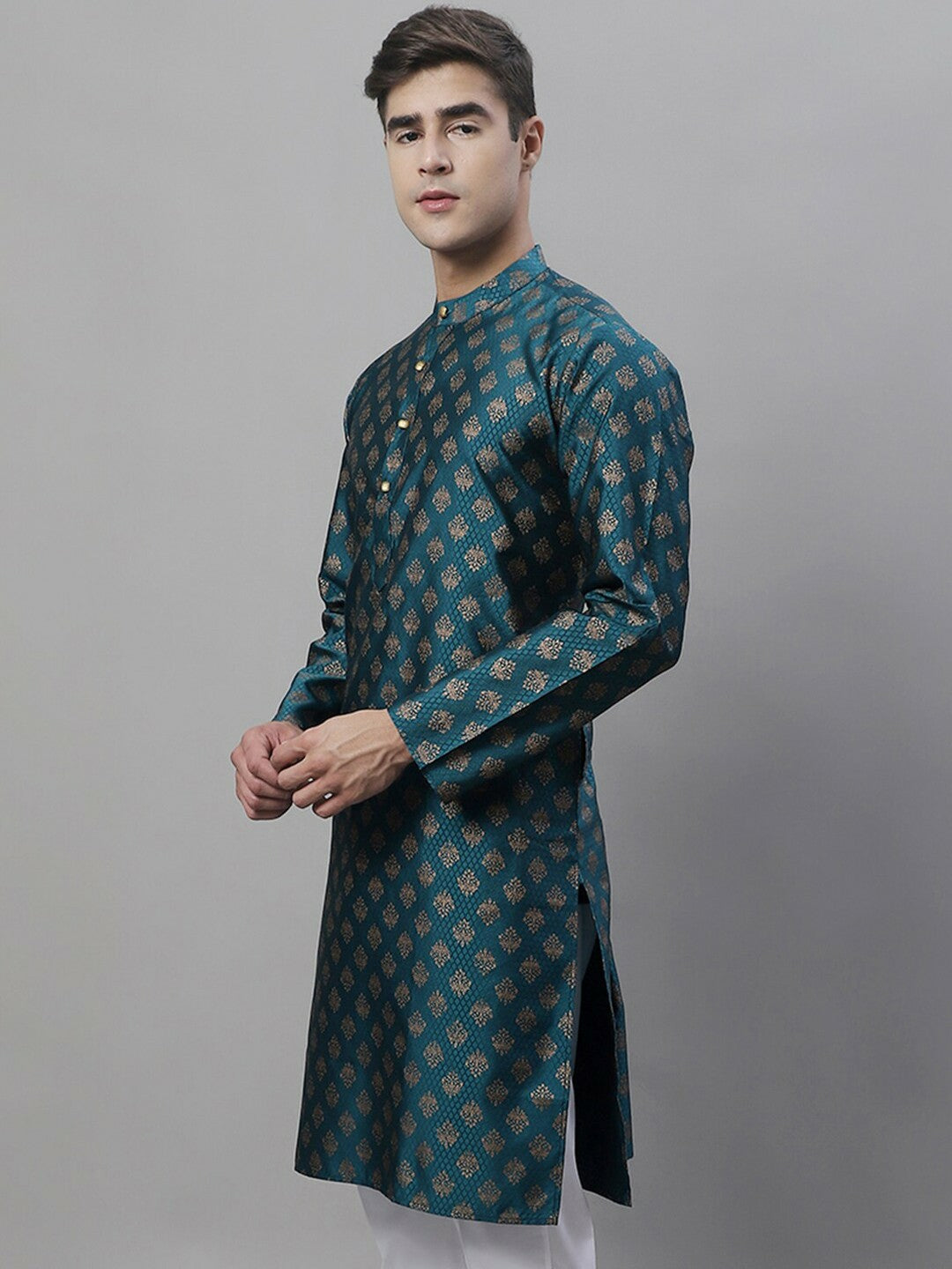 Teal Blue Ethnic Motif Woven Jacquard Kurta with Band Collar