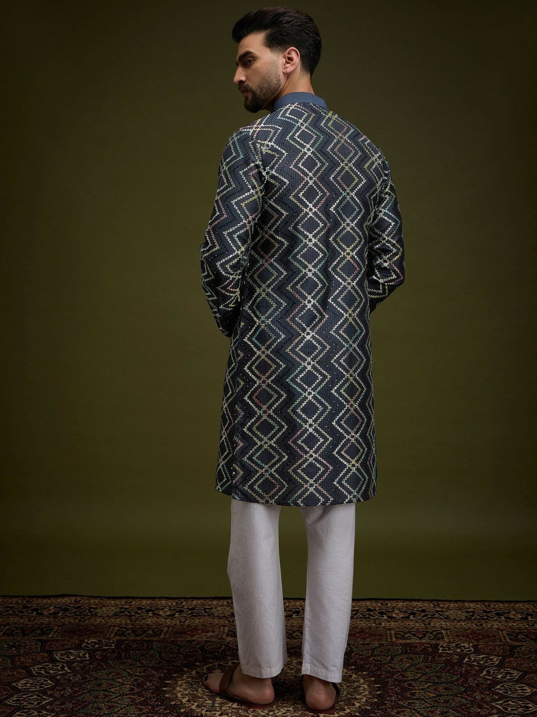 Men’s Navy Blue Chevron Embroidered Cotton Kurta with Gotta Patti