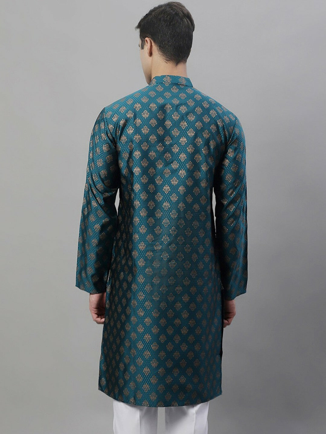 Teal Blue Ethnic Motif Woven Jacquard Kurta with Band Collar