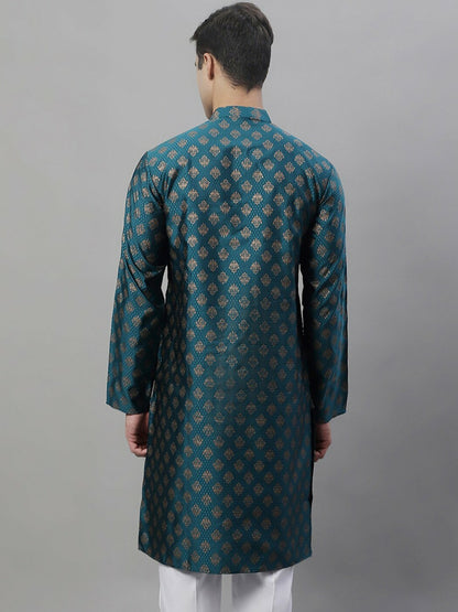 Teal Blue Ethnic Motif Woven Jacquard Kurta with Band Collar
