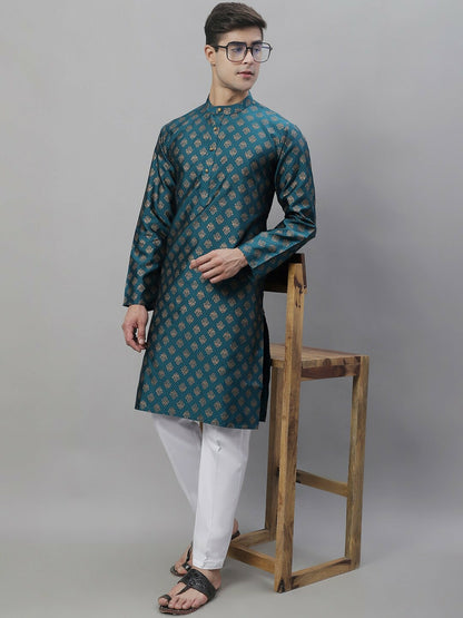 Teal Blue Ethnic Motif Woven Jacquard Kurta with Band Collar