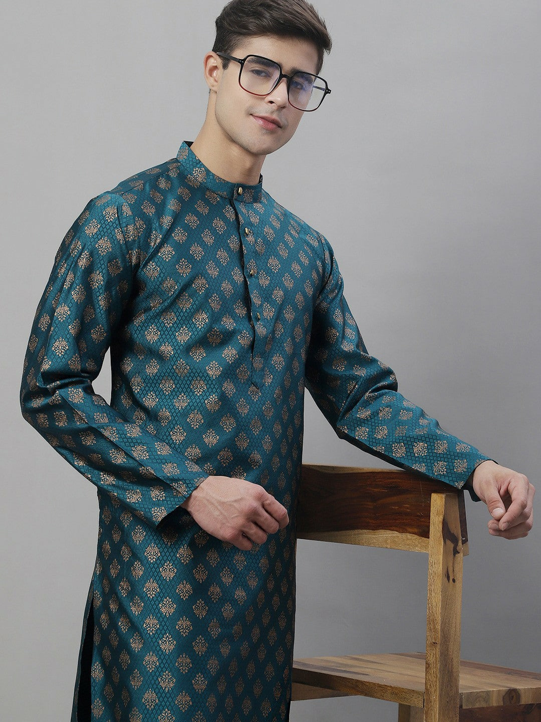 Teal Blue Ethnic Motif Woven Jacquard Kurta with Band Collar