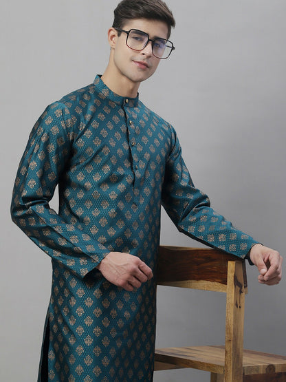 Teal Blue Ethnic Motif Woven Jacquard Kurta with Band Collar