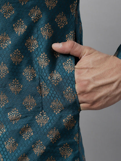 Teal Blue Ethnic Motif Woven Jacquard Kurta with Band Collar