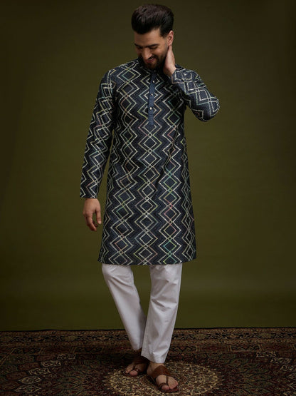 Men’s Navy Blue Chevron Embroidered Cotton Kurta with Gotta Patti