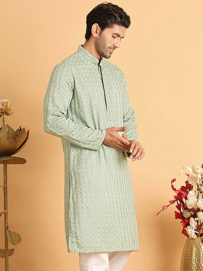 Green Geometric Embroidered Chikankari Kurta with Mandarin Collar