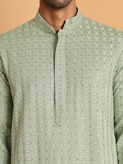 Green Geometric Embroidered Chikankari Kurta with Mandarin Collar