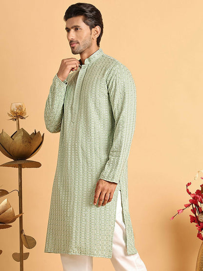 Green Geometric Embroidered Chikankari Kurta with Mandarin Collar