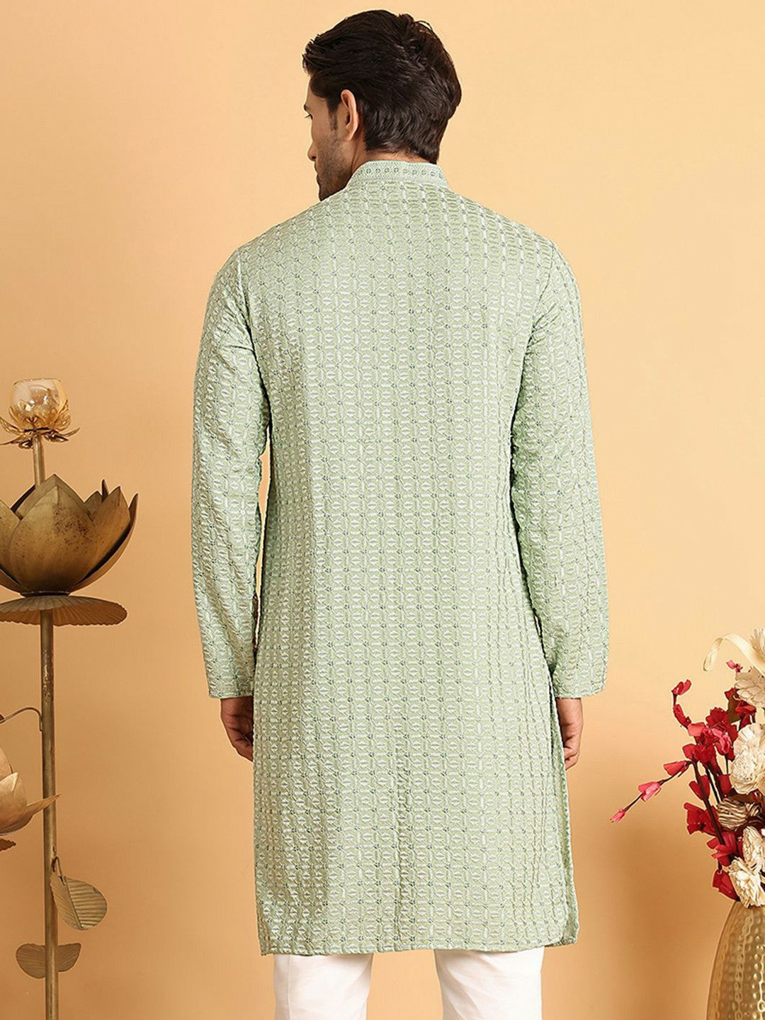 Green Geometric Embroidered Chikankari Kurta with Mandarin Collar