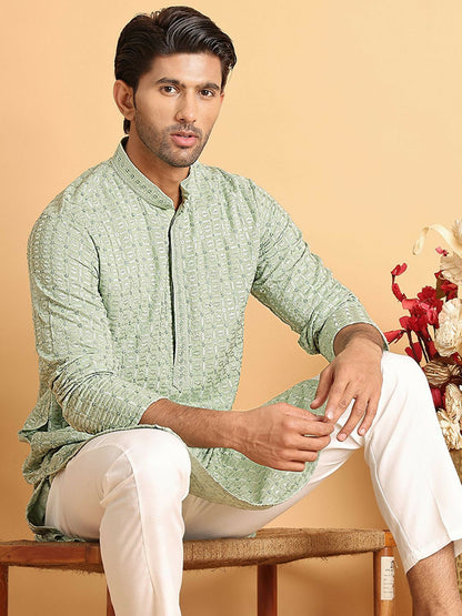 Green Geometric Embroidered Chikankari Kurta with Mandarin Collar