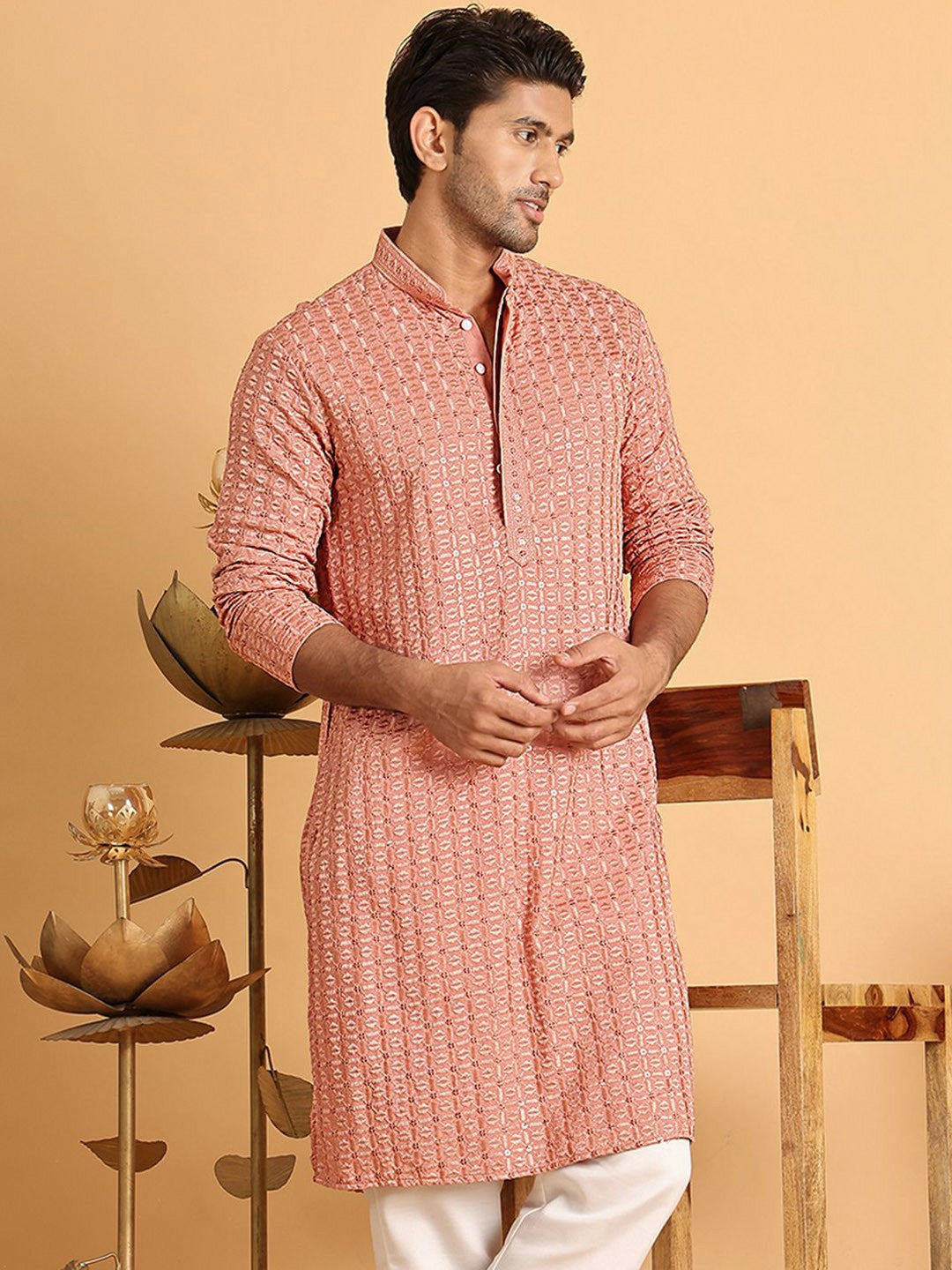 Peach Geometric Embroidered Chikankari Kurta with Mandarin Collar