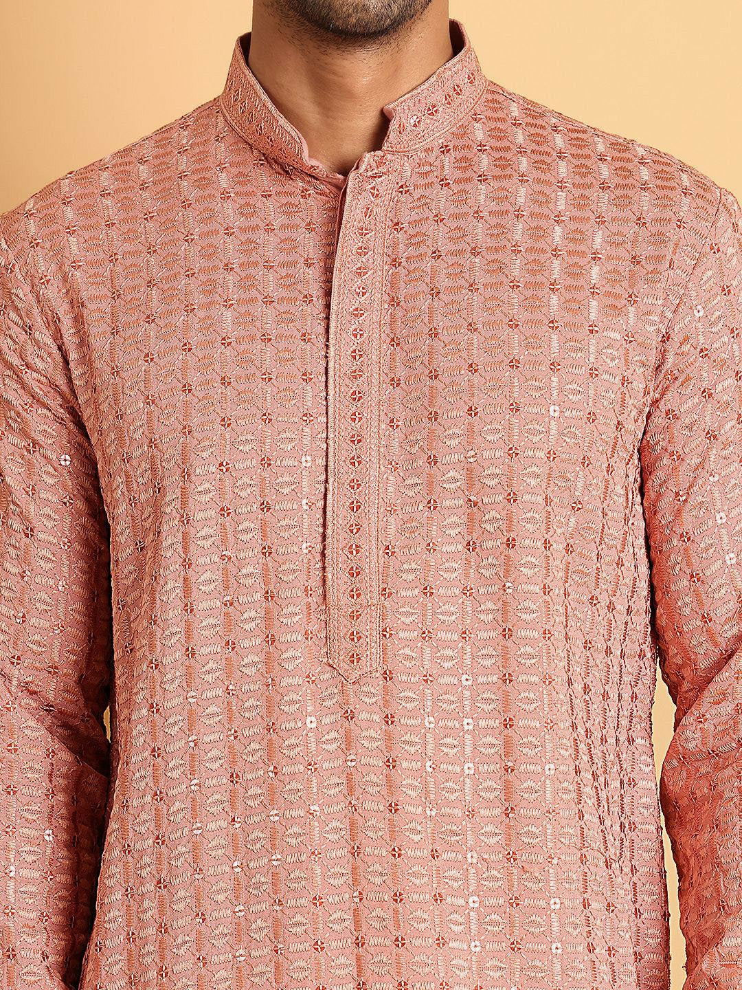 Peach Geometric Embroidered Chikankari Kurta with Mandarin Collar