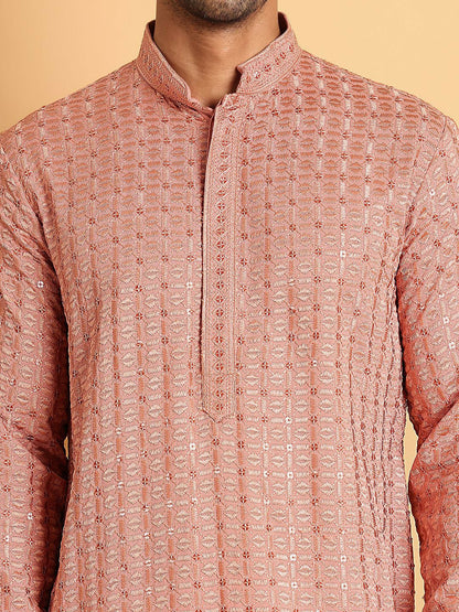 Peach Geometric Embroidered Chikankari Kurta with Mandarin Collar