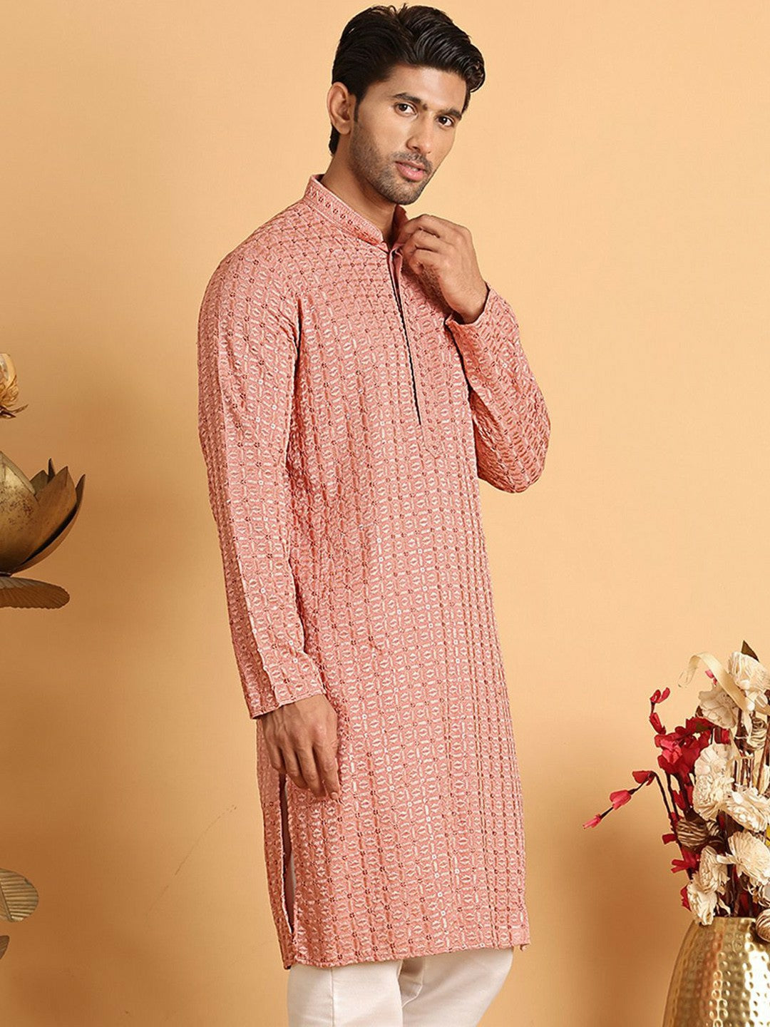 Peach Geometric Embroidered Chikankari Kurta with Mandarin Collar