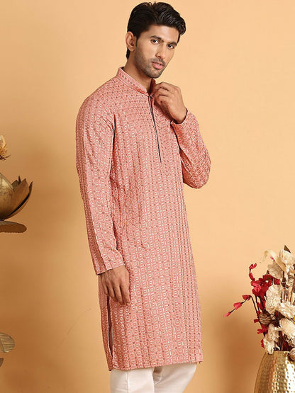 Peach Geometric Embroidered Chikankari Kurta with Mandarin Collar