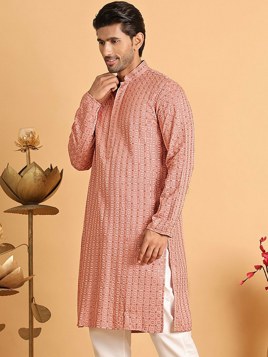 Peach Geometric Embroidered Chikankari Kurta with Mandarin Collar