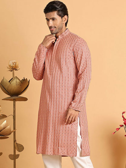 Peach Geometric Embroidered Chikankari Kurta with Mandarin Collar