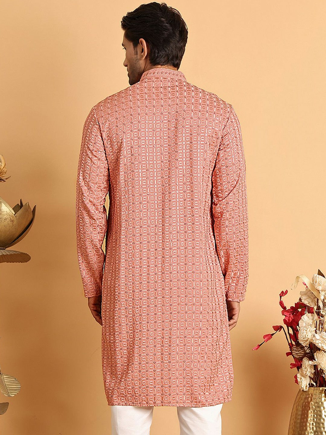 Peach Geometric Embroidered Chikankari Kurta with Mandarin Collar