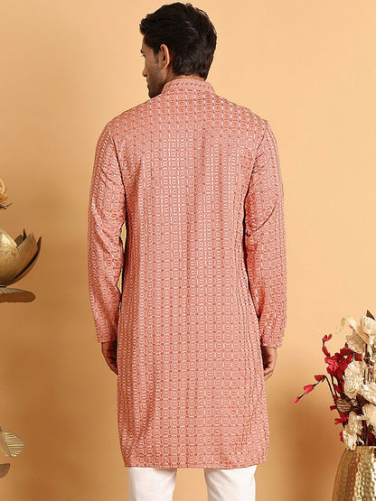 Peach Geometric Embroidered Chikankari Kurta with Mandarin Collar