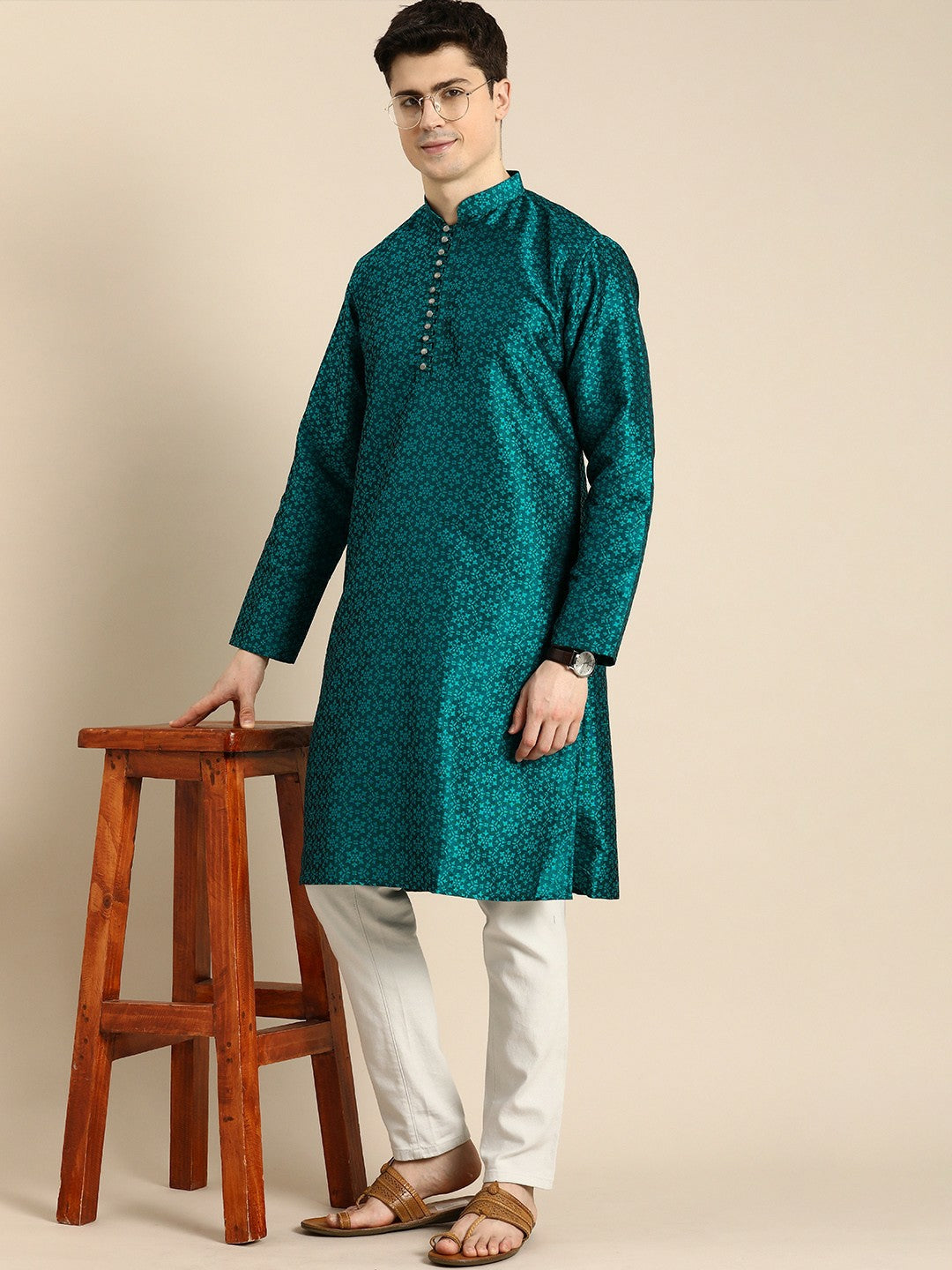 Blue Floral Self-Printed Jacquard Long Kurta with Mandarin Collar
