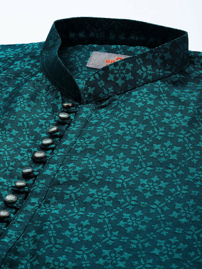 Blue Floral Self-Printed Jacquard Long Kurta with Mandarin Collar