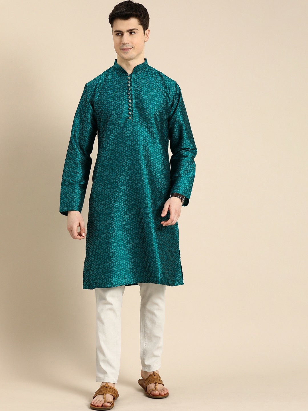 Blue Floral Self-Printed Jacquard Long Kurta with Mandarin Collar
