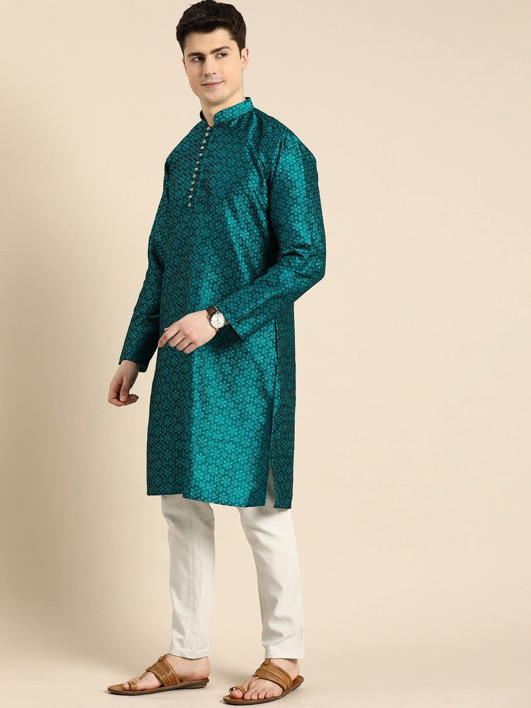 Blue Floral Self-Printed Jacquard Long Kurta with Mandarin Collar