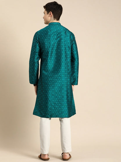 Blue Floral Self-Printed Jacquard Long Kurta with Mandarin Collar