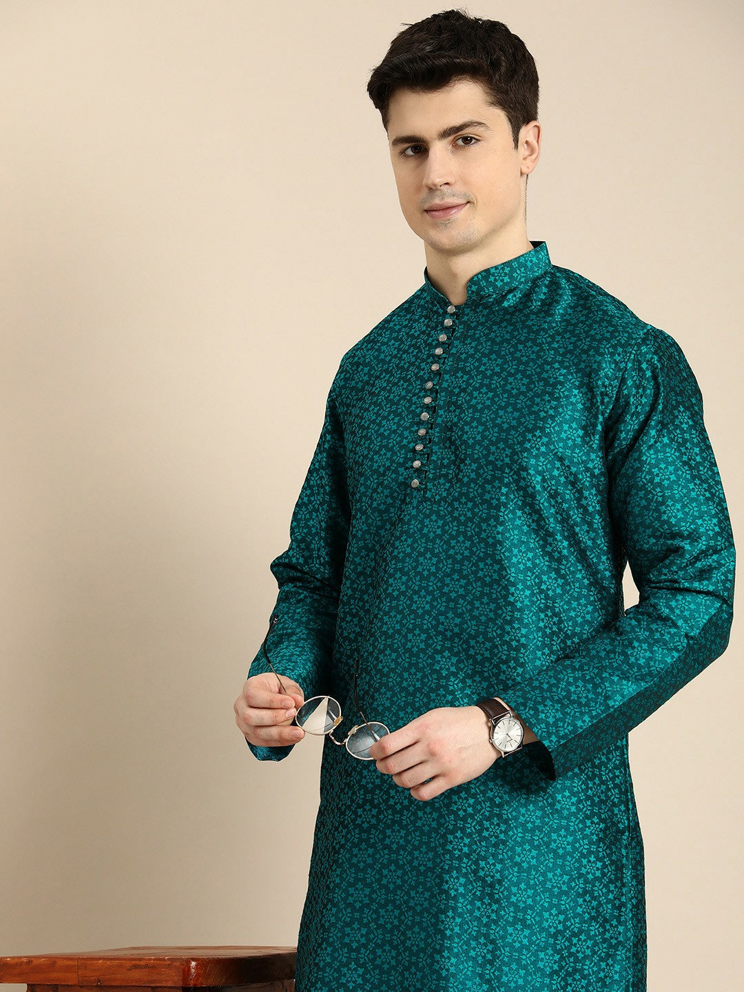 Blue Floral Self-Printed Jacquard Long Kurta with Mandarin Collar