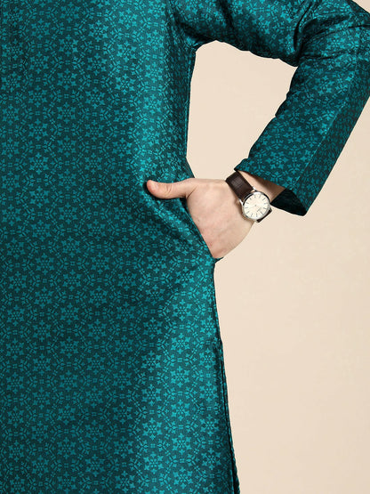 Blue Floral Self-Printed Jacquard Long Kurta with Mandarin Collar