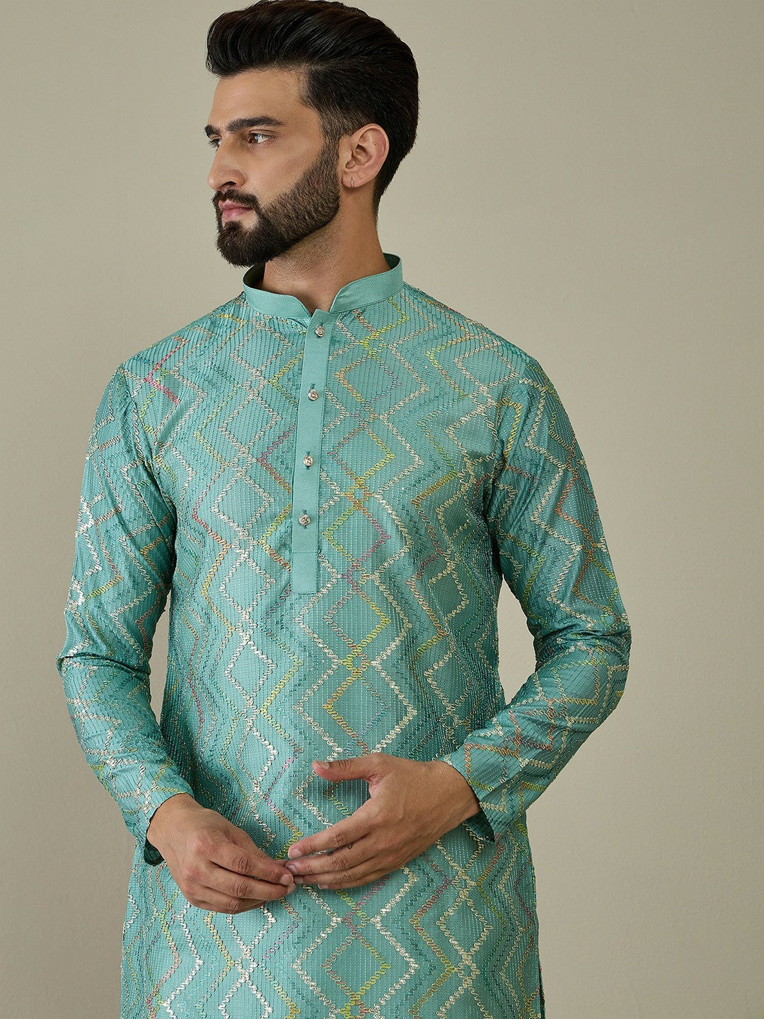 Men’s Sea Green Ethnic Motif Embroidered Kurta