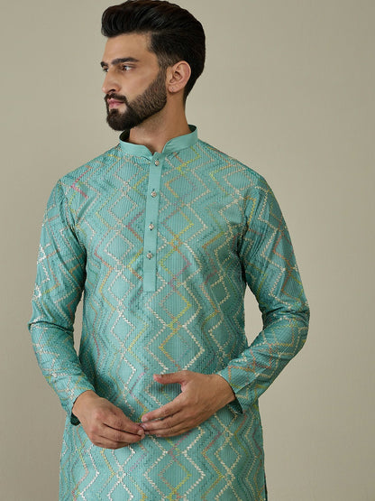 Men’s Sea Green Ethnic Motif Embroidered Kurta
