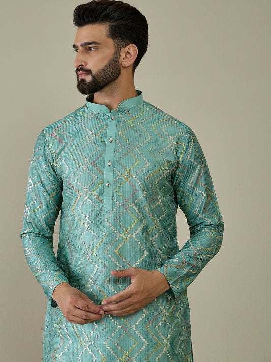 Men’s Sea Green Ethnic Motif Embroidered Kurta