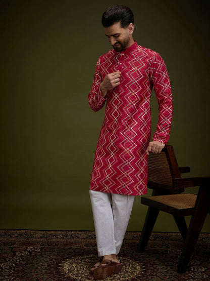 Men’s Red Chevron Embroidered Cotton Kurta with Gotta Patti