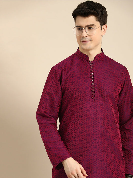 Red Floral Embroidered Jacquard Long Kurta with Mandarin Collar