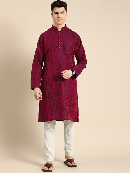 Red Floral Embroidered Jacquard Long Kurta with Mandarin Collar