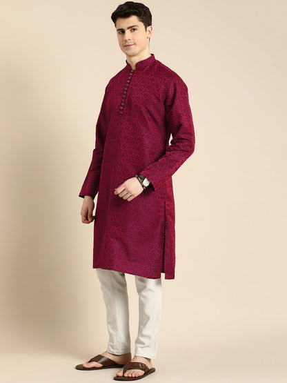 Red Floral Embroidered Jacquard Long Kurta with Mandarin Collar