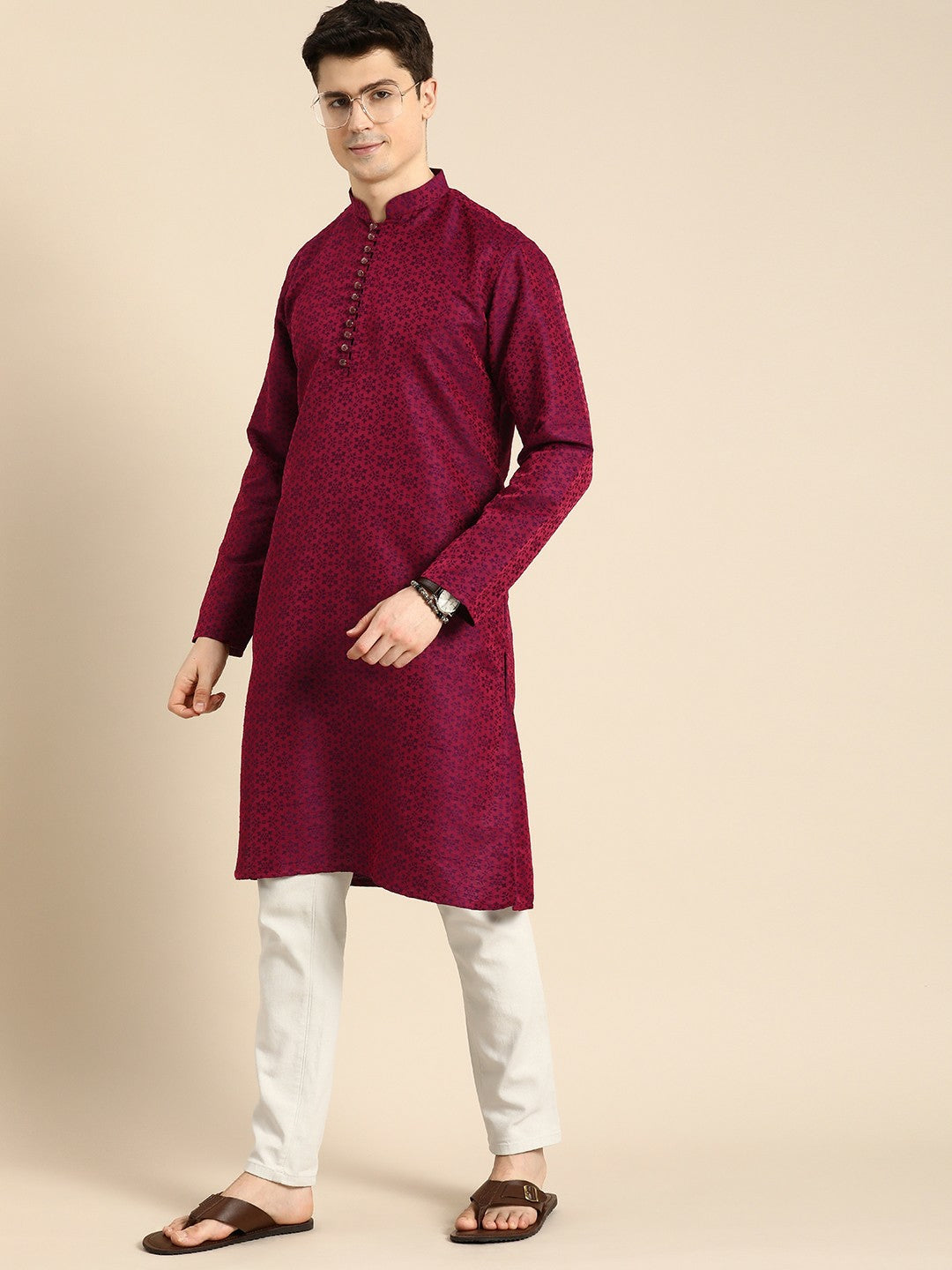 Red Floral Embroidered Jacquard Long Kurta with Mandarin Collar