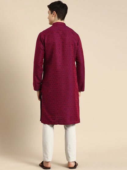 Red Floral Embroidered Jacquard Long Kurta with Mandarin Collar
