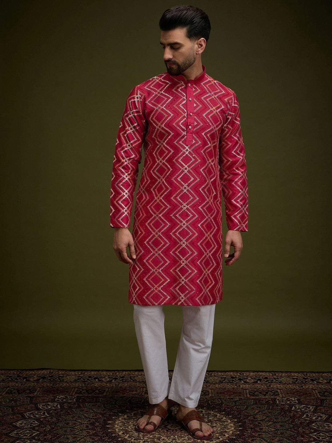 Men’s Red Chevron Embroidered Cotton Kurta with Gotta Patti