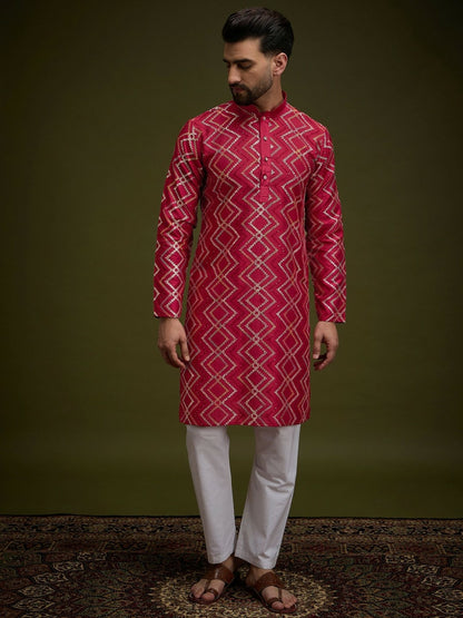 Men’s Red Chevron Embroidered Cotton Kurta with Gotta Patti