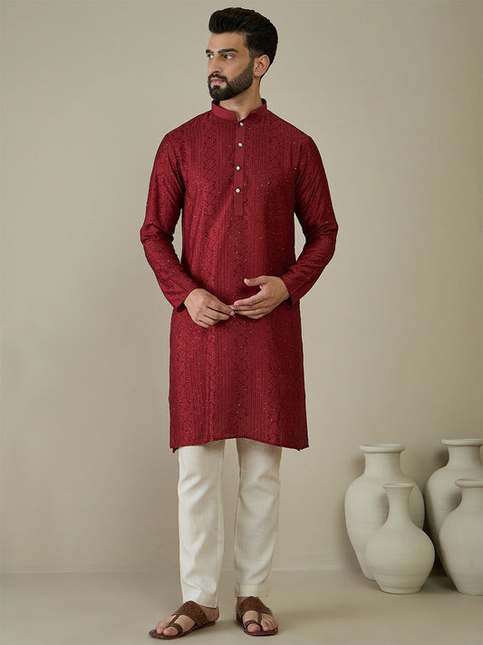 Maroon Ethnic Embroidered Kurta with Mandarin Collar & Thread Work