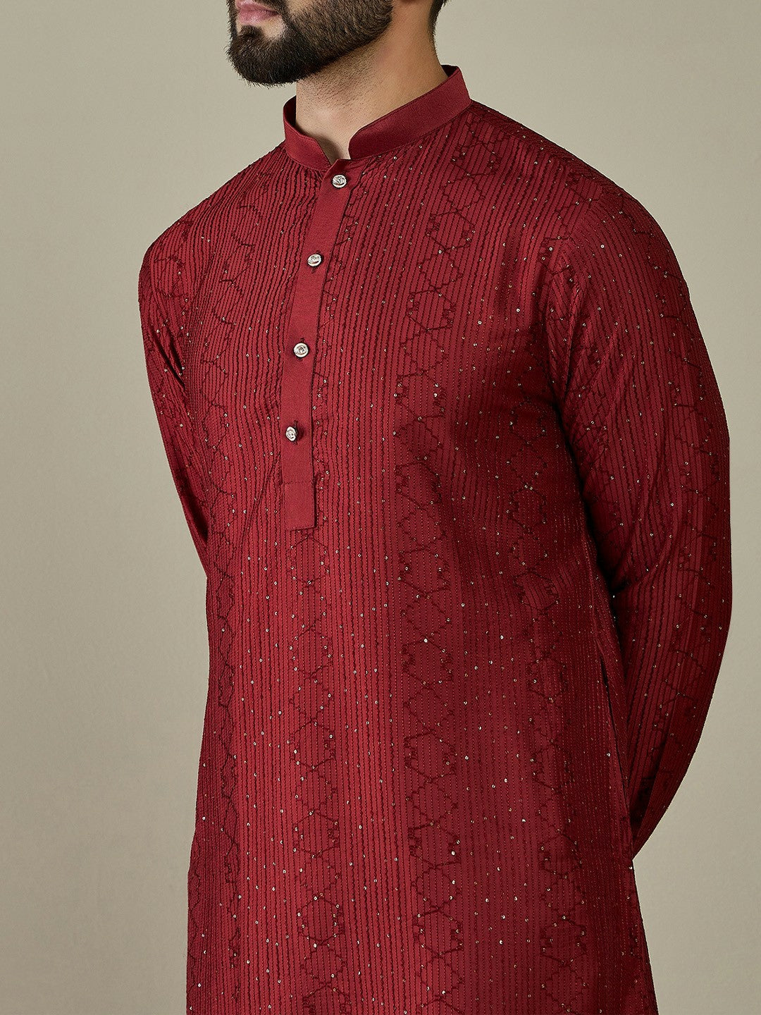 Maroon Ethnic Embroidered Kurta with Mandarin Collar & Thread Work