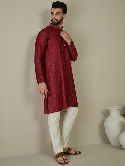 Maroon Ethnic Embroidered Kurta with Mandarin Collar & Thread Work