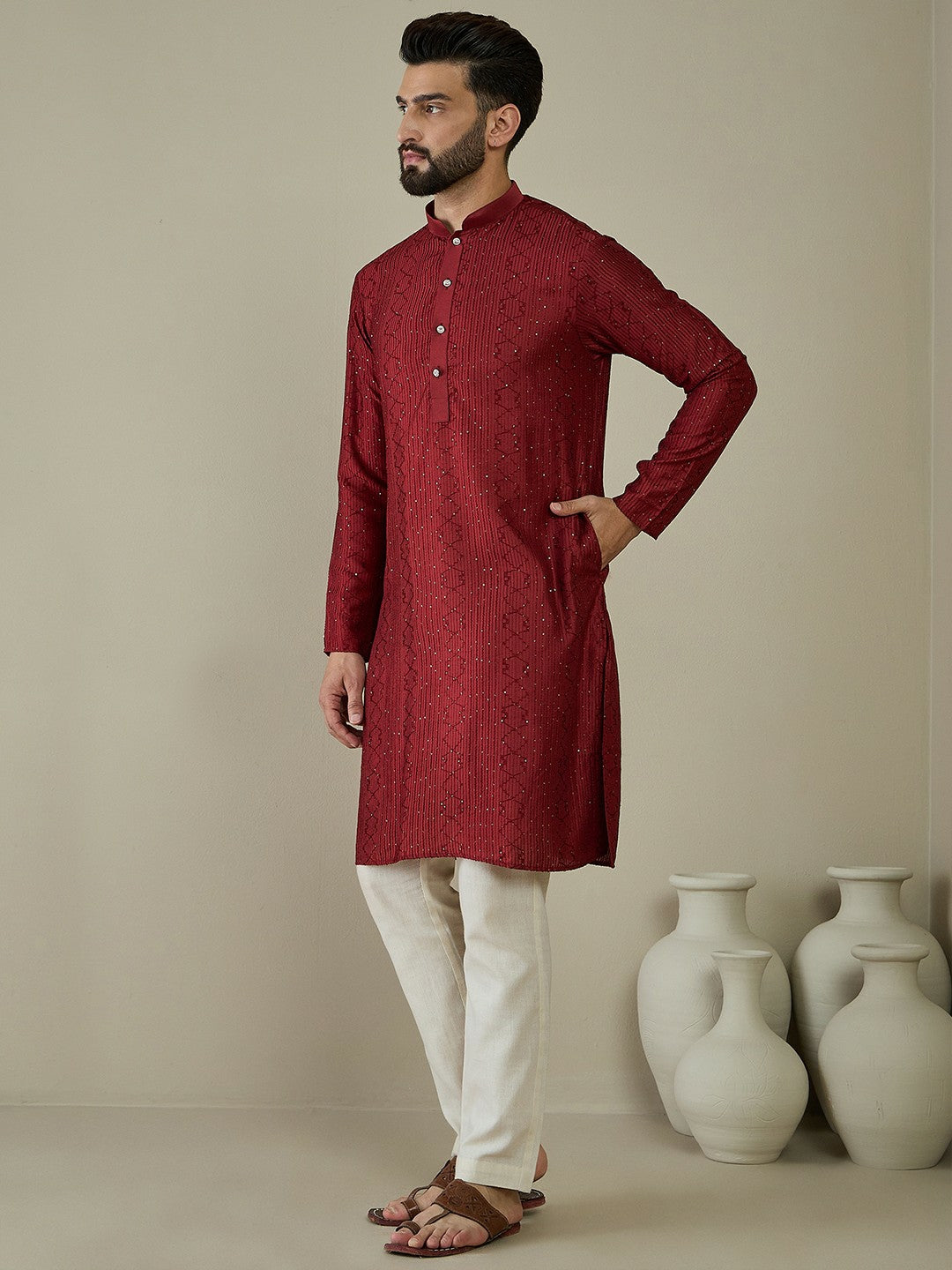 Maroon Ethnic Embroidered Kurta with Mandarin Collar & Thread Work