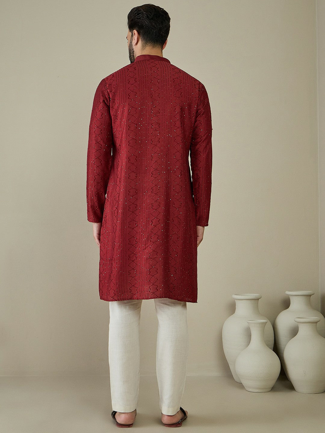 Maroon Ethnic Embroidered Kurta with Mandarin Collar & Thread Work