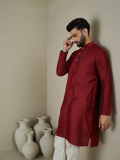 Maroon Ethnic Embroidered Kurta with Mandarin Collar & Thread Work