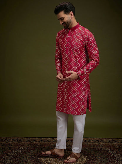 Men’s Red Chevron Embroidered Cotton Kurta with Gotta Patti