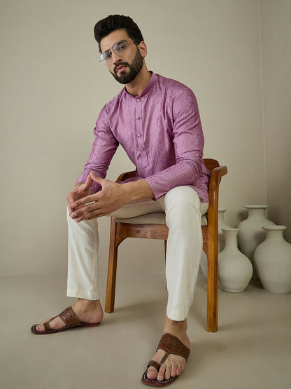 Lavender Ethnic Embroidered Kurta with Mandarin Collar & Thread Work