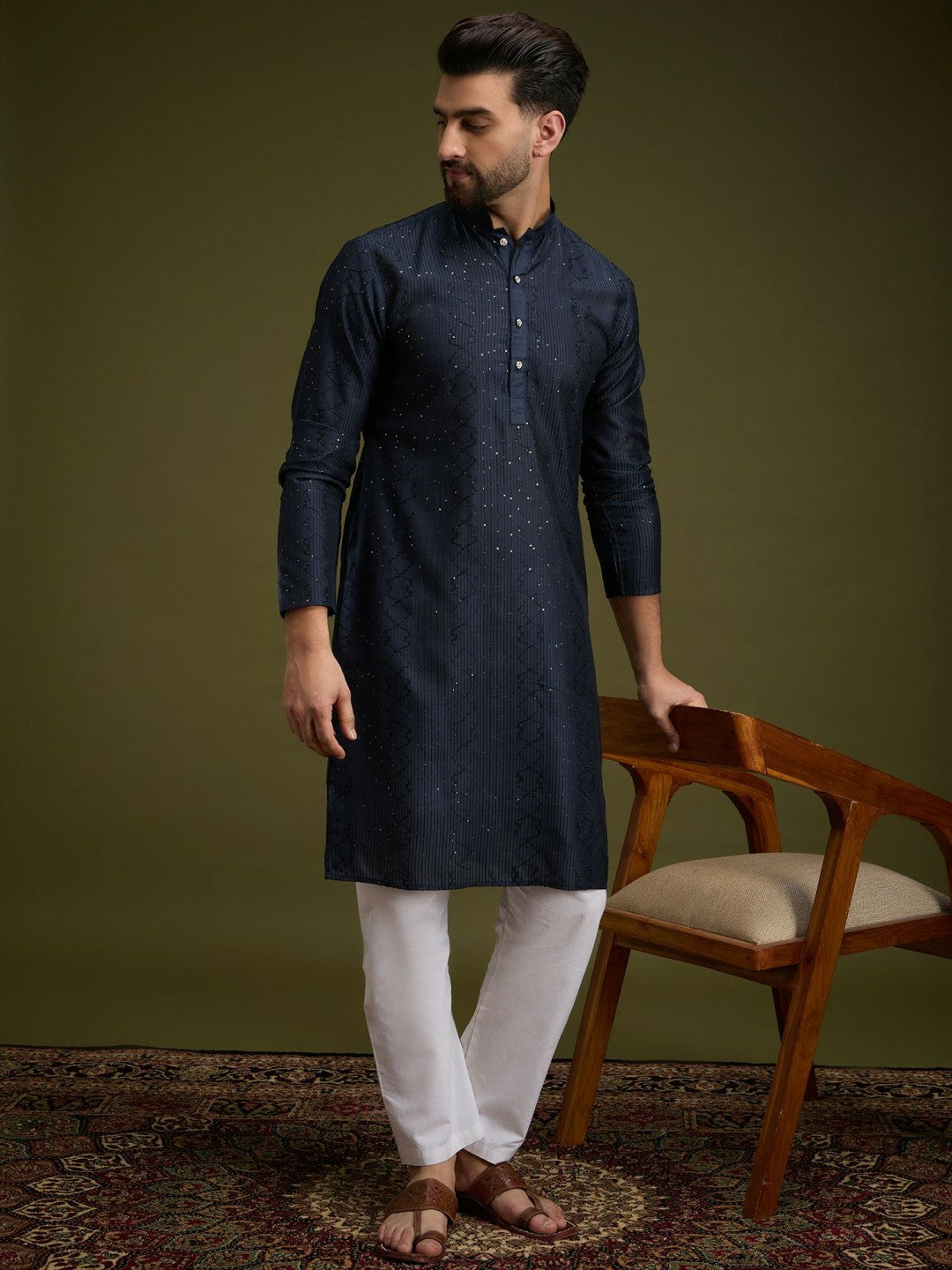 Blue & Gold Geometric Embroidered Cotton Kurta with Mandarin Collar